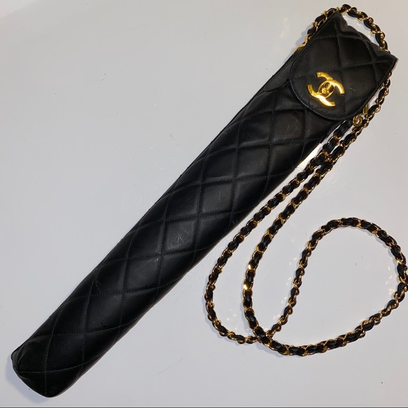 CHANEL, Accessories, Chanel Leather Quilted Black Gold Umbrella Holder